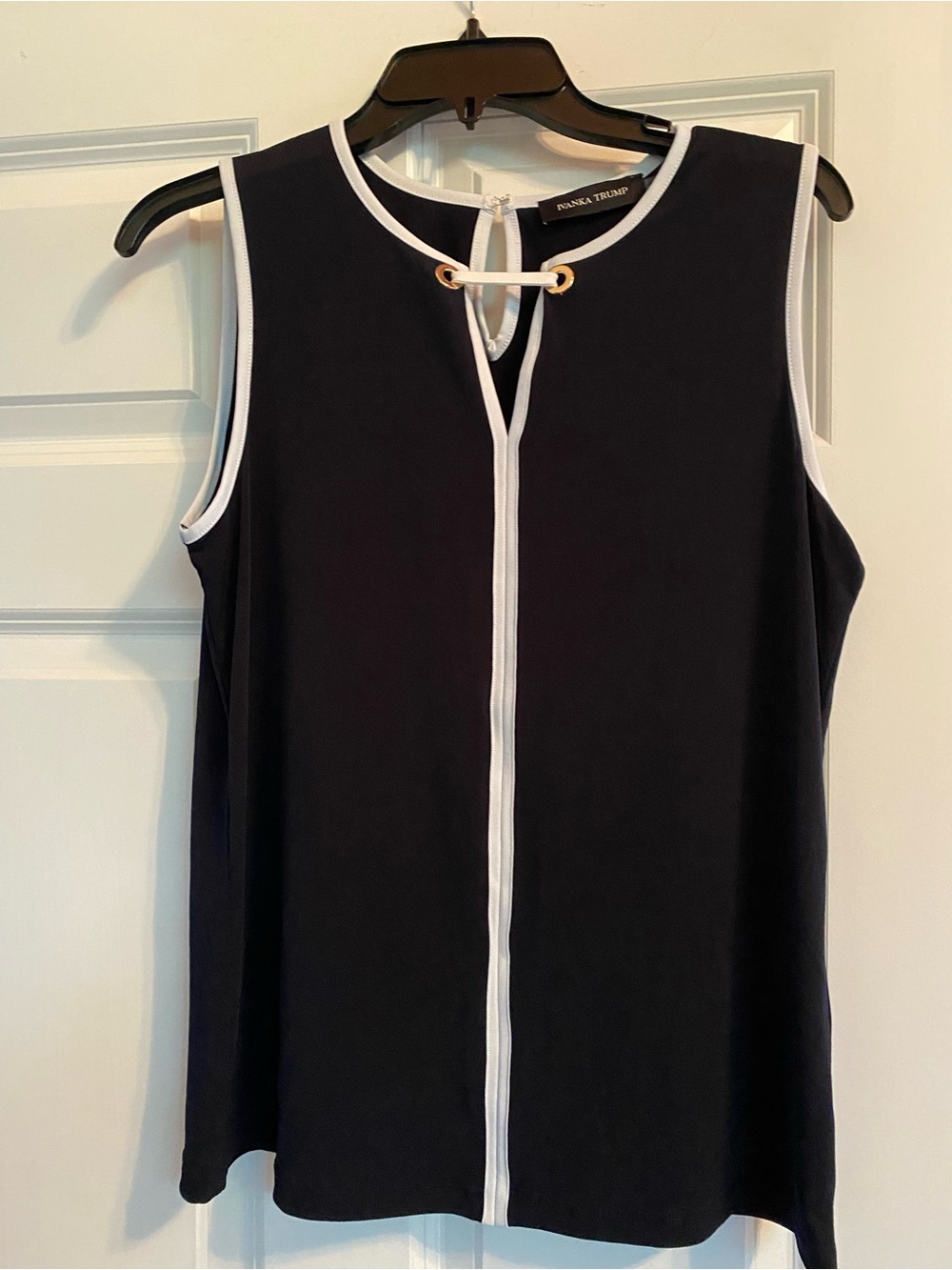 Ivanka Trump Black Tank Top with White Piping and Gold Ring